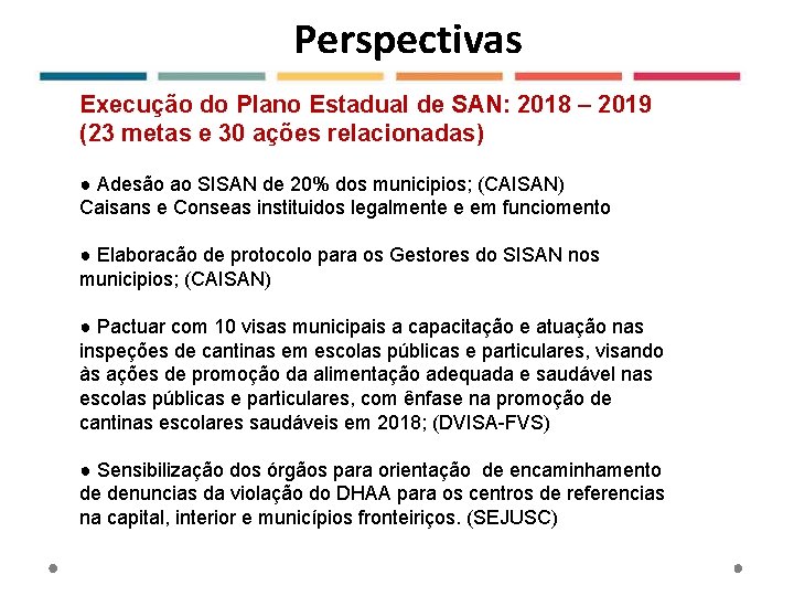 Perspectivas Execução do Plano Estadual de SAN: 2018 – 2019 (23 metas e 30