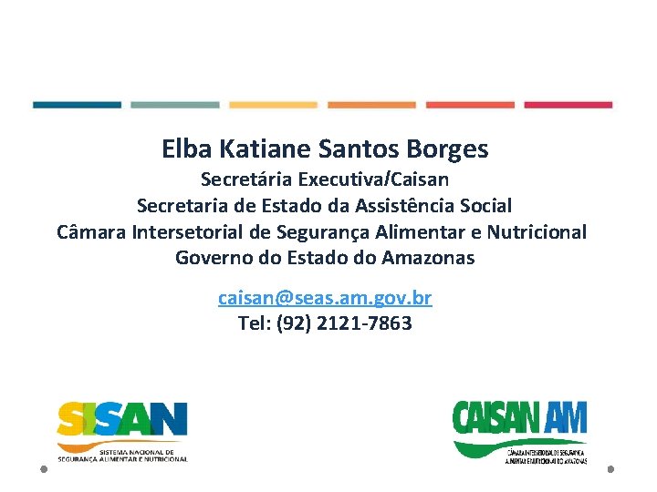 Elba Katiane Santos Borges Secretária Executiva/Caisan Secretaria de Estado da Assistência Social Câmara Intersetorial