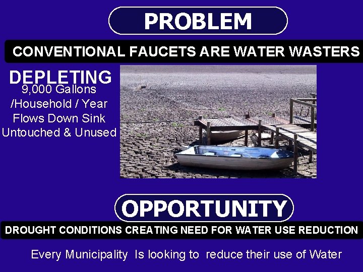 PROBLEM CONVENTIONAL FAUCETS ARE WATER WASTERS POTABLE WATER RESERVES ARE DEPLETING 9, 000 Gallons