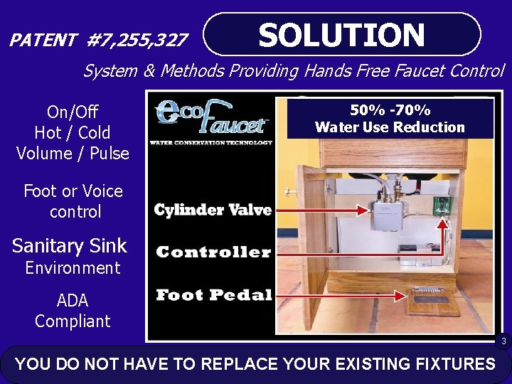 PATENT #7, 255, 327 SOLUTION System & Methods Providing Hands Free Faucet Control On/Off