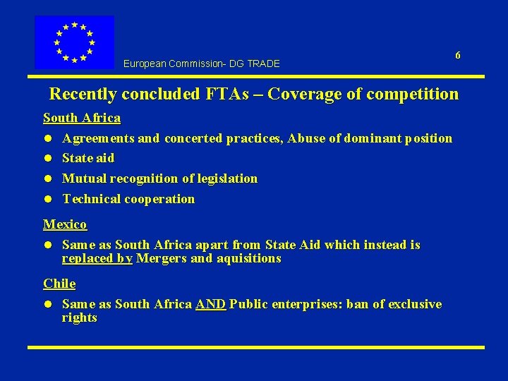 European Commission- DG TRADE 6 Recently concluded FTAs – Coverage of competition South Africa