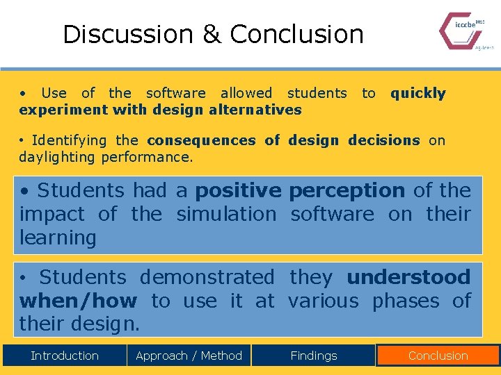 Discussion & Conclusion • Use of the software allowed students experiment with design alternatives