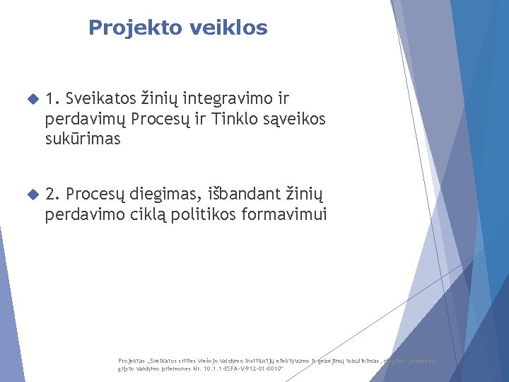 Projekto veiklos 1. Sveikatos žinių integravimo ir perdavimų Procesų ir Tinklo sąveikos sukūrimas 2.