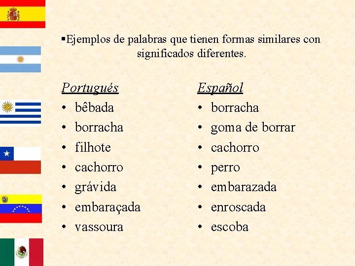 §Ejemplos de palabras que tienen formas similares con significados diferentes. Portugués • bêbada •