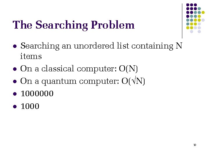 The Searching Problem l l l Searching an unordered list containing N items On