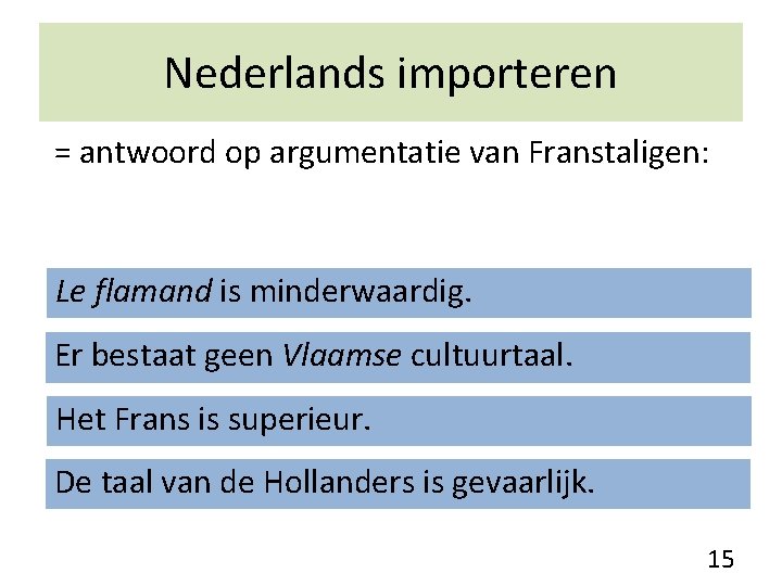 Nederlands importeren = antwoord op argumentatie van Franstaligen: Le flamand is minderwaardig. Er bestaat