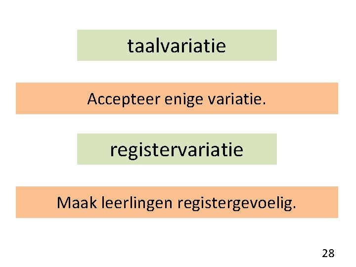 taalvariatie Accepteer enige variatie. registervariatie Maak leerlingen registergevoelig. 28 