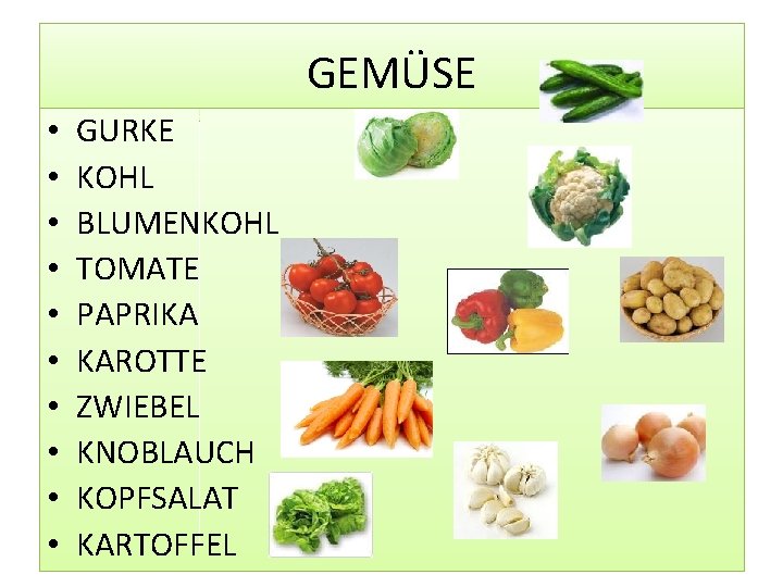 GEMÜSE • • • GURKE KOHL BLUMENKOHL TOMATE PAPRIKA KAROTTE ZWIEBEL KNOBLAUCH KOPFSALAT KARTOFFEL