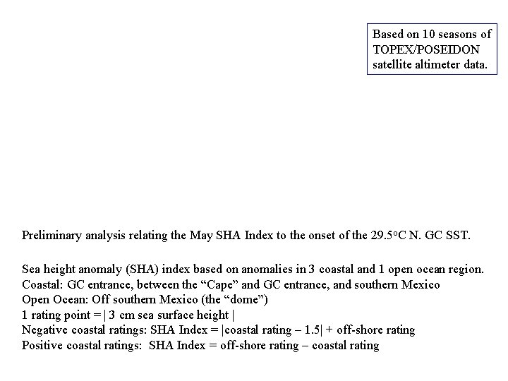 Based on 10 seasons of TOPEX/POSEIDON satellite altimeter data. Preliminary analysis relating the May