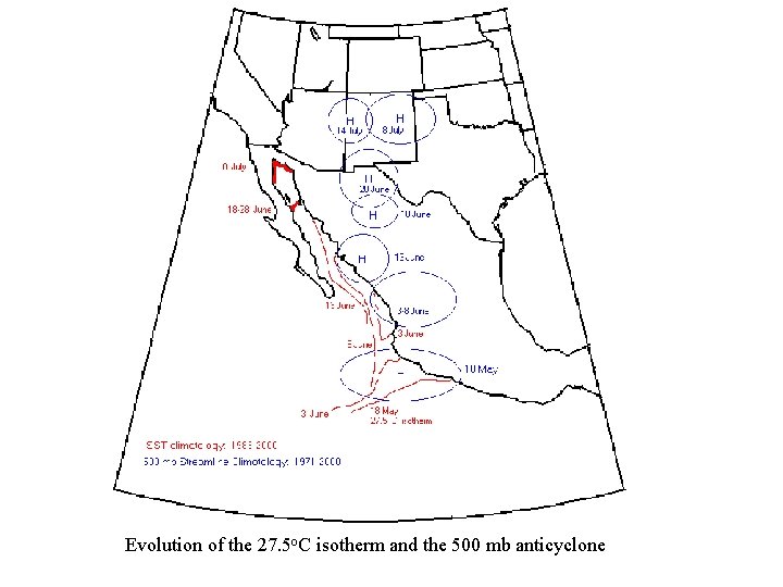 Evolution of the 27. 5 o. C isotherm and the 500 mb anticyclone 