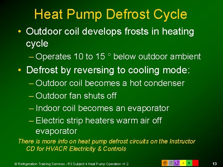 Heat Pump Defrost Cycle • Outdoor coil develops frosts in heating cycle – Operates