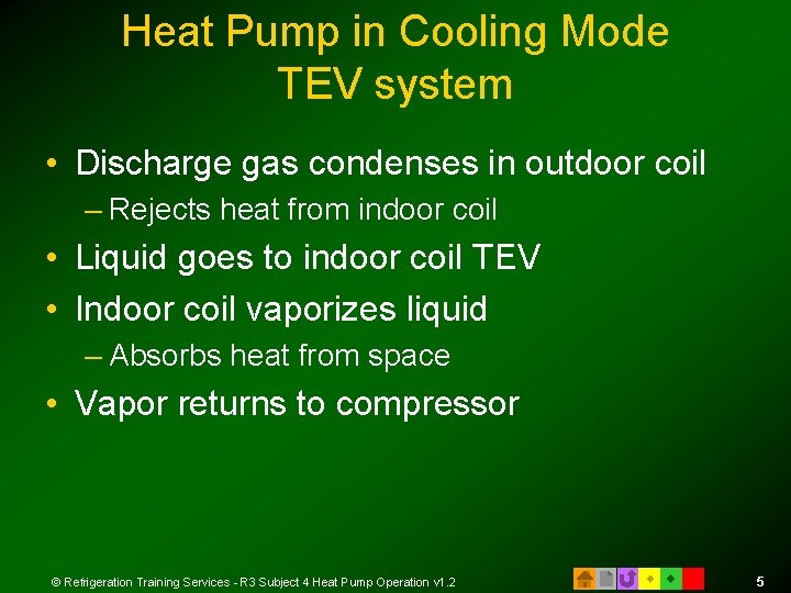 Heat Pump in Cooling Mode TEV system • Discharge gas condenses in outdoor coil