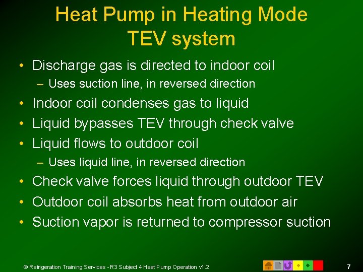 Heat Pump in Heating Mode TEV system • Discharge gas is directed to indoor