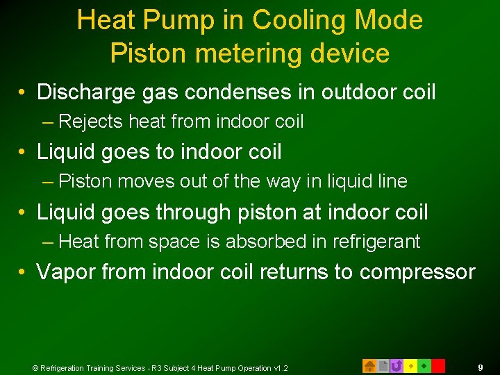 Heat Pump in Cooling Mode Piston metering device • Discharge gas condenses in outdoor