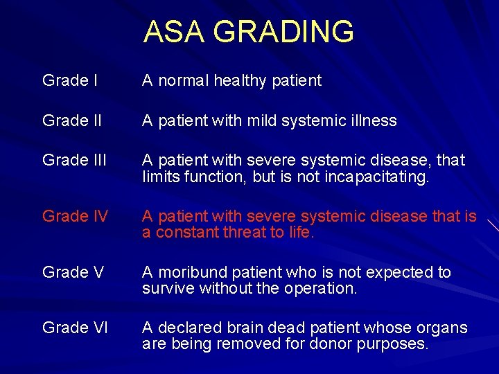 ASA GRADING Grade I A normal healthy patient Grade II A patient with mild