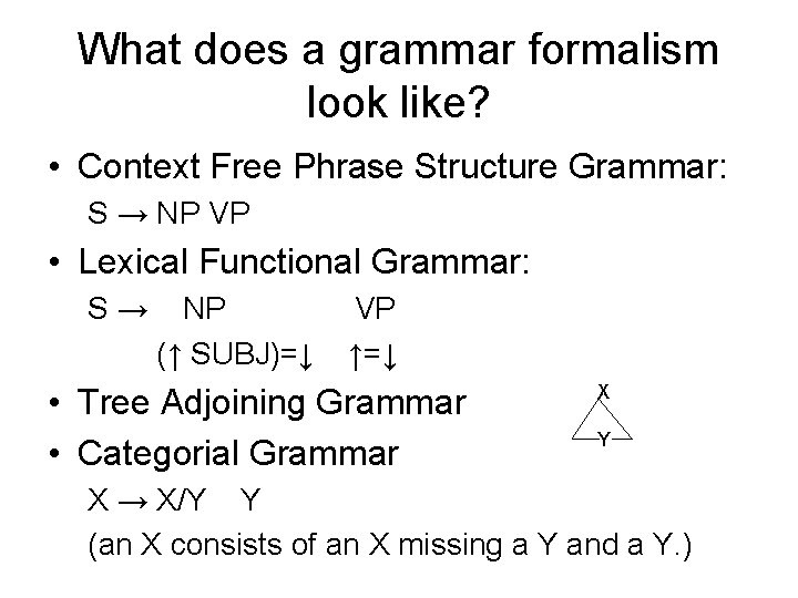 What does a grammar formalism look like? • Context Free Phrase Structure Grammar: S