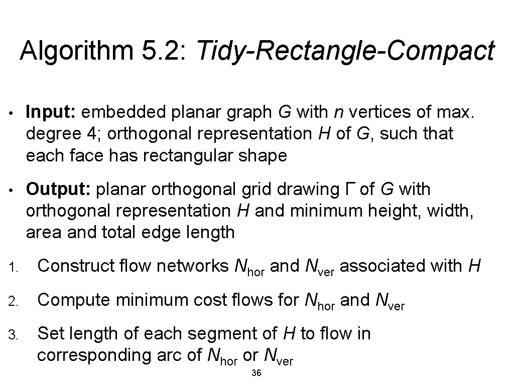 Algorithm 5. 2: Tidy-Rectangle-Compact • Input: embedded planar graph G with n vertices of