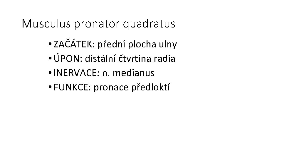 Musculus pronator quadratus • ZAČÁTEK: přední plocha ulny • ÚPON: distální čtvrtina radia •