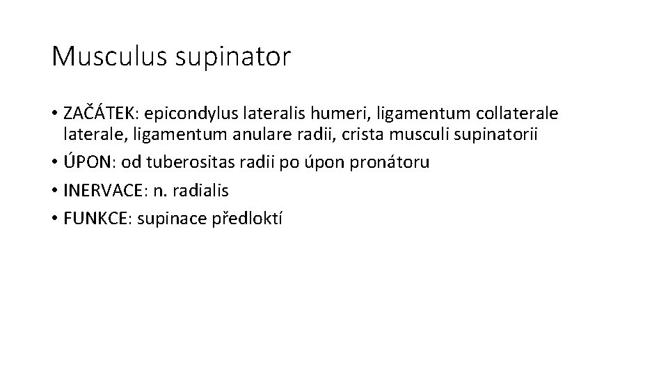 Musculus supinator • ZAČÁTEK: epicondylus lateralis humeri, ligamentum collaterale, ligamentum anulare radii, crista musculi