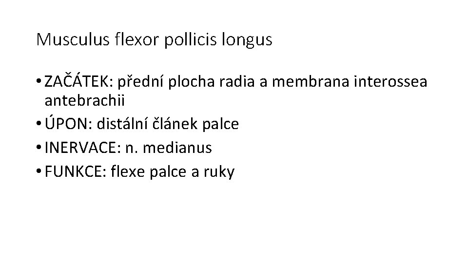 Musculus flexor pollicis longus • ZAČÁTEK: přední plocha radia a membrana interossea antebrachii •