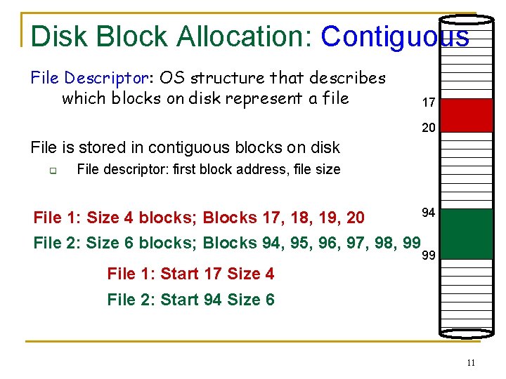 Disk Block Allocation: Contiguous File Descriptor: OS structure that describes which blocks on disk