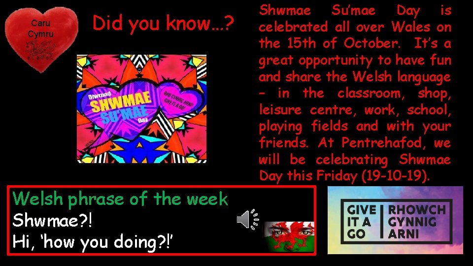 Caru Cymru Did you know…? Welsh phrase of the week Shwmae? ! Hi, ‘how