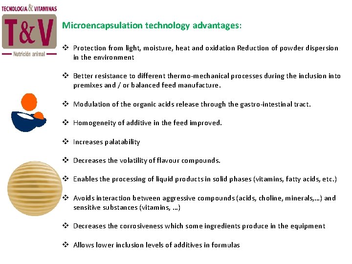 Microencapsulation technology advantages: v Protection from light, moisture, heat and oxidation Reduction of powder