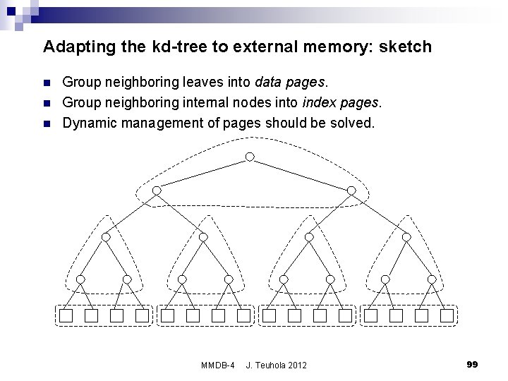 Adapting the kd-tree to external memory: sketch n n n Group neighboring leaves into