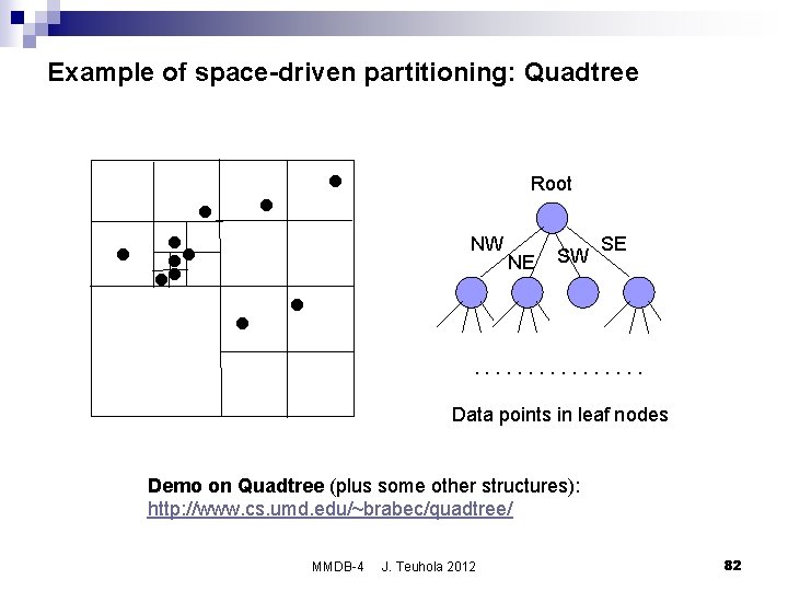 Example of space-driven partitioning: Quadtree Root NW NE SW SE . . . .