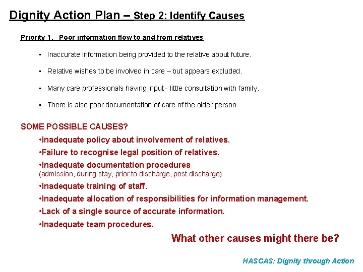 Dignity Action Plan – Step 2: Identify Causes Priority 1. Poor information flow to