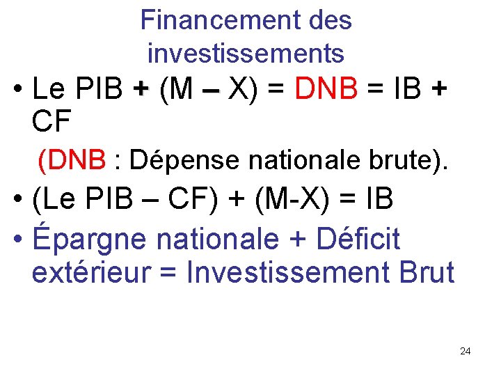 Financement des investissements • Le PIB + (M – X) = DNB = IB Financement des investissements • Le PIB + (M – X) = DNB = IB