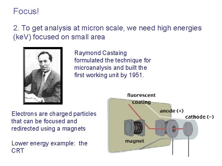 Focus! 2. To get analysis at micron scale, we need high energies (ke. V)