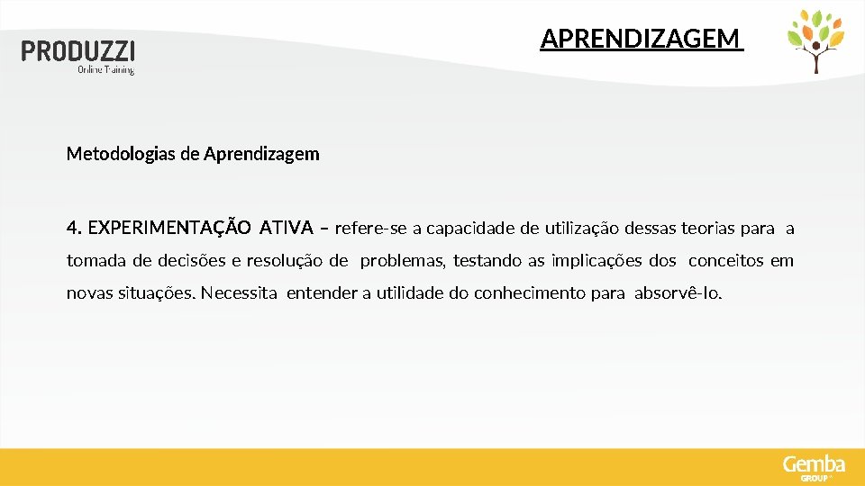 APRENDIZAGEM Metodologias de Aprendizagem 4. EXPERIMENTAÇÃO ATIVA – refere-se a capacidade de utilização dessas