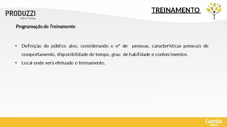 TREINAMENTO Programação do Treinamento • Definição do público alvo, considerando o n° de pessoas,