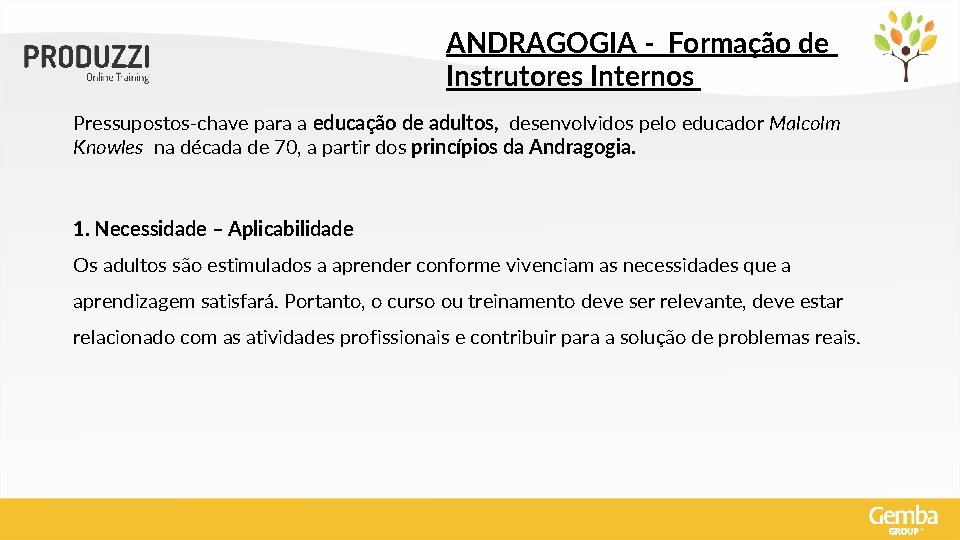 ANDRAGOGIA - Formação de Instrutores Internos Pressupostos-chave para a educação de adultos, desenvolvidos pelo