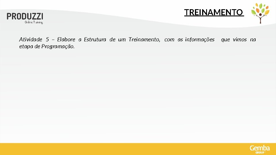 TREINAMENTO Atividade 5 – Elabore a Estrutura de um Treinamento, com as informações que