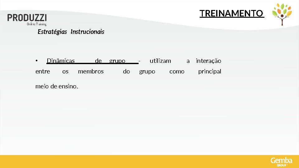 TREINAMENTO Estratégias Instrucionais • Dinâmicas entre os meio de ensino. de membros grupo do