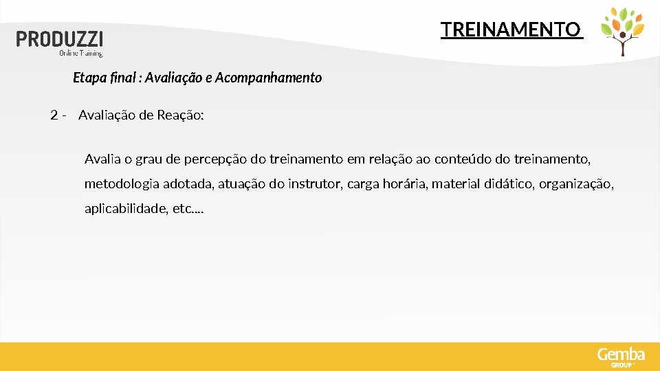 TREINAMENTO Etapa final : Avaliação e Acompanhamento 2 - Avaliação de Reação: Avalia o