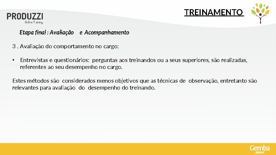 TREINAMENTO Etapa final : Avaliação e Acompanhamento 3. Avaliação do comportamento no cargo: •