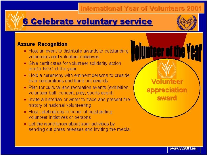 International Year of Volunteers 2001 6 Celebrate voluntary service Assure Recognition · Host an