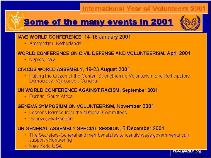 International Year of Volunteers 2001 Some of the many events in 2001 IAVE WORLD