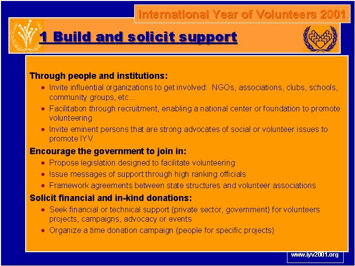 International Year of Volunteers 2001 1 Build and solicit support Through people and institutions: