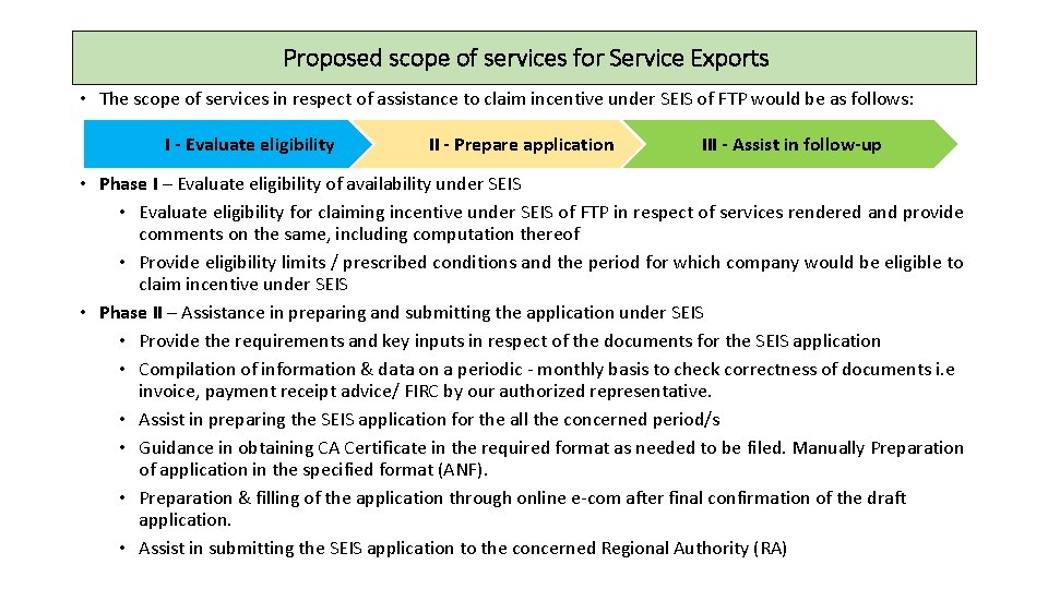  Proposed scope of services for Service Exports • The scope of services in