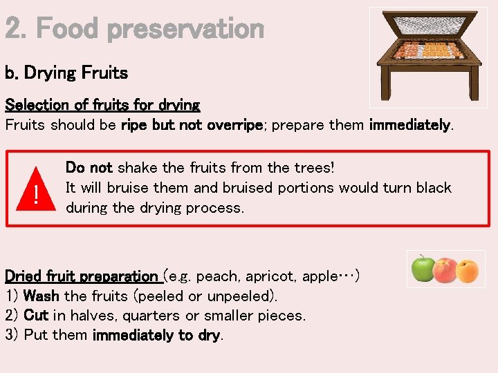 2. Food preservation b. Drying Fruits Selection of fruits for drying Fruits should be