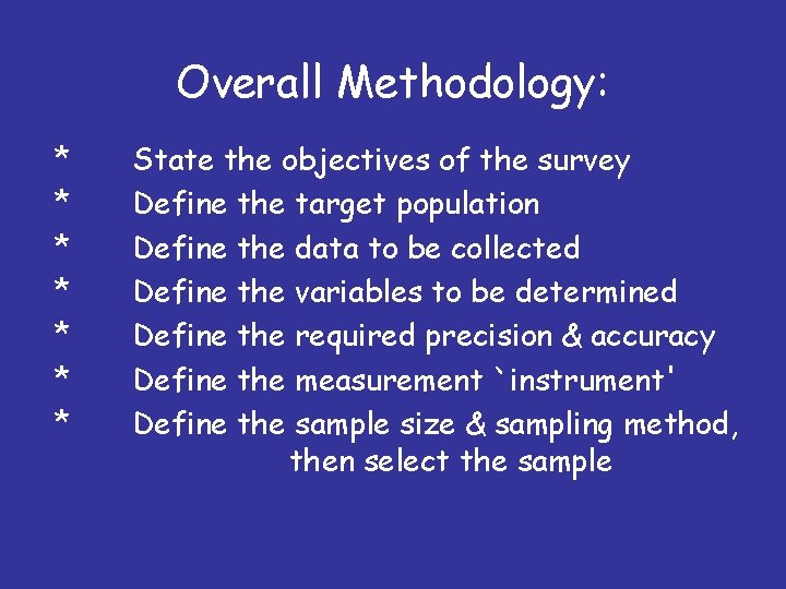 Overall Methodology: * * * * State the objectives of the survey Define the