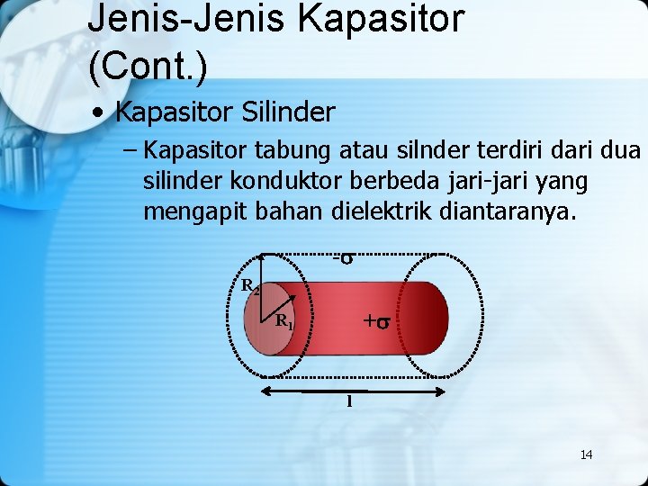 Jenis-Jenis Kapasitor (Cont. ) • Kapasitor Silinder – Kapasitor tabung atau silnder terdiri dari