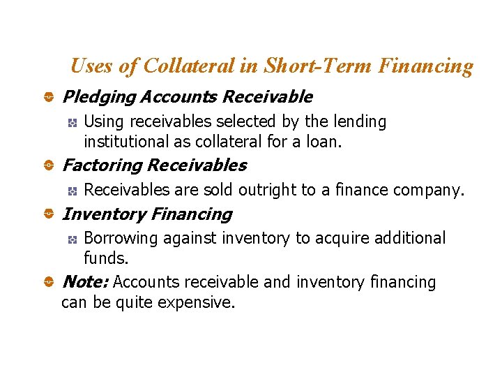 Uses of Collateral in Short-Term Financing Pledging Accounts Receivable Using receivables selected by the Uses of Collateral in Short-Term Financing Pledging Accounts Receivable Using receivables selected by the