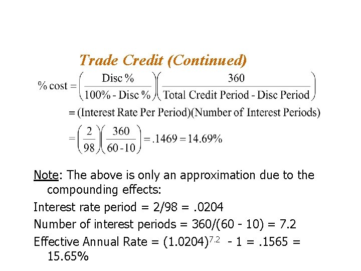 Trade Credit (Continued) Note: The above is only an approximation due to the compounding Trade Credit (Continued) Note: The above is only an approximation due to the compounding