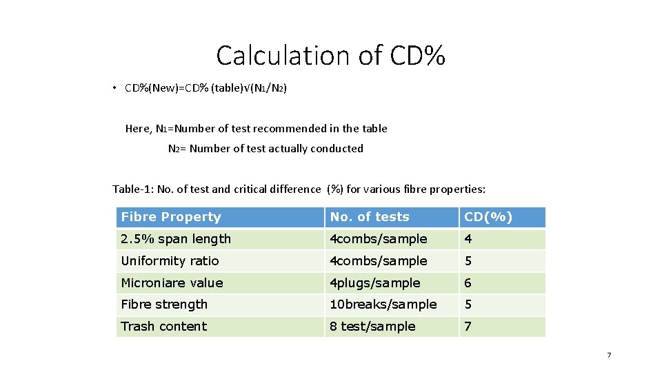 Calculation of CD% • CD%(New)=CD% (table)√(N 1/N 2) Here, N 1=Number of test recommended