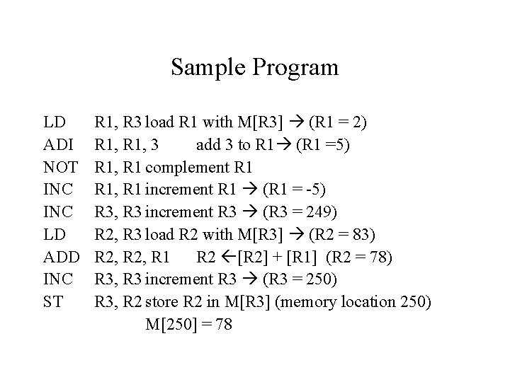 Sample Program LD ADI NOT INC LD ADD INC ST R 1, R 3